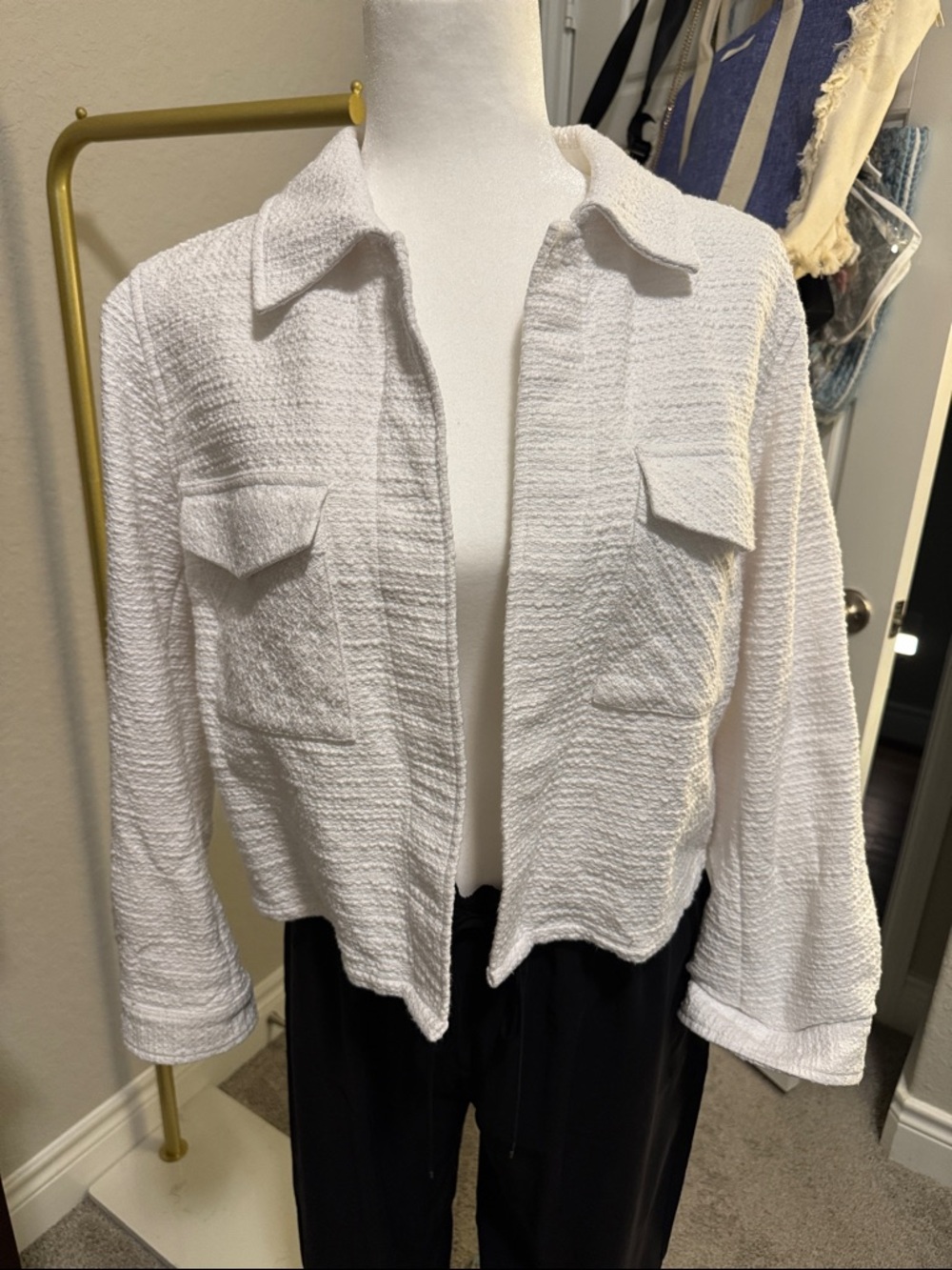 Express White Textured Cropped Open Jacket